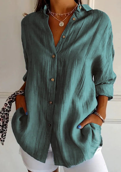 Women's Oversized Pleated Button Down Long Sleeve Shirt
