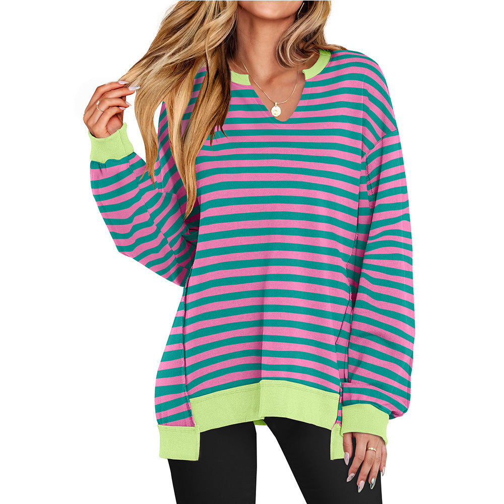 Bold Striped V-Neck Sweatshirt with Neon Contrast Trim