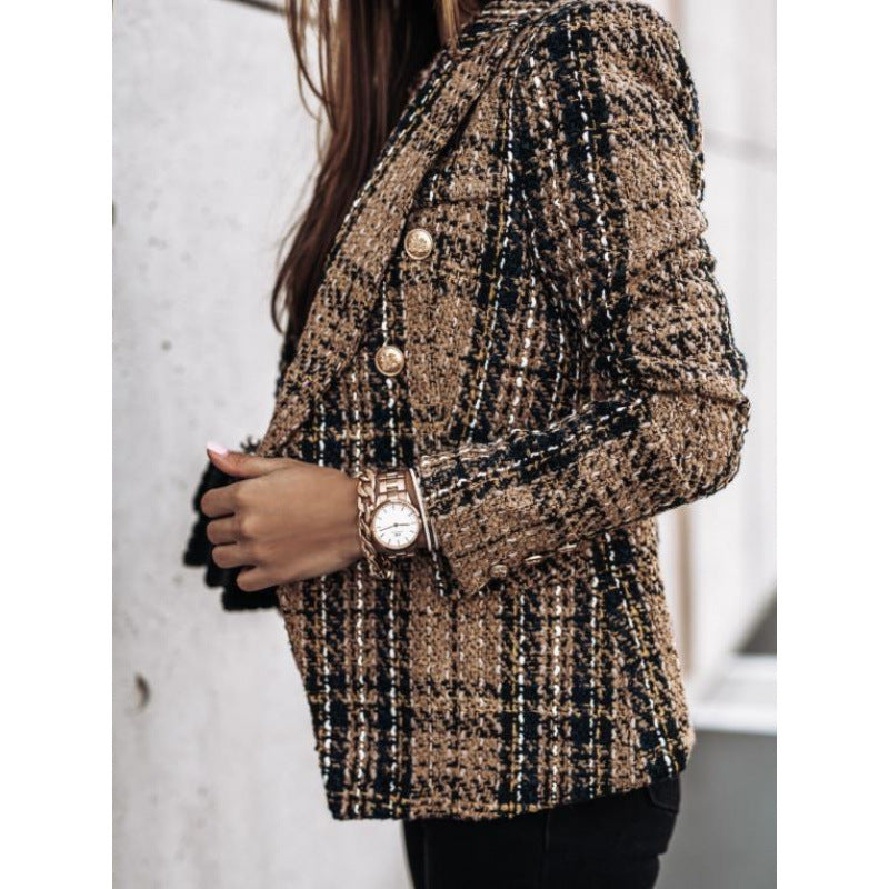 Women's Tweed Plaid Double Breasted Blazer