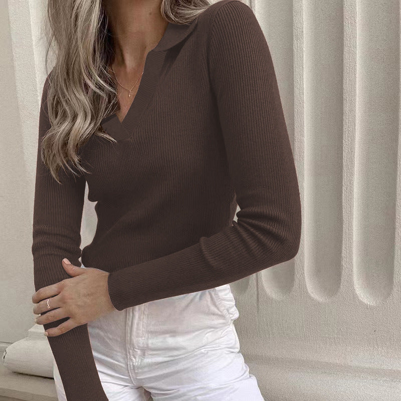 Women's Ribbed Polo V Neck Long Sleeve Fitted Top