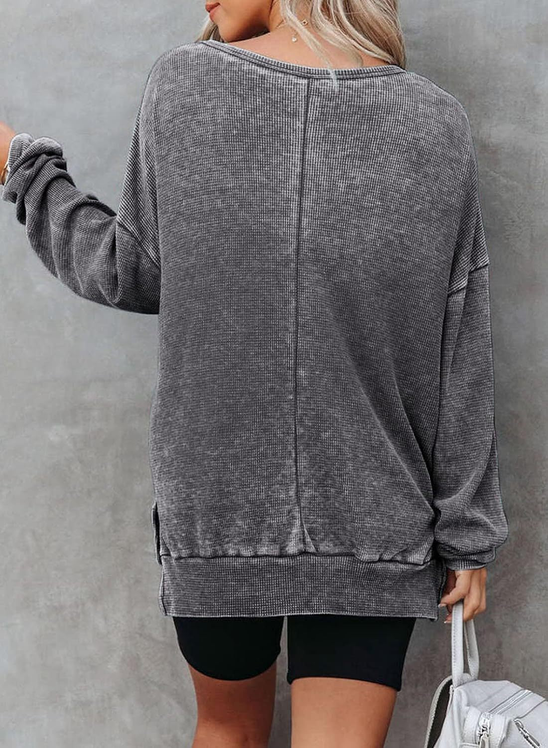 Waffle Split Hem Sweatshirt Women Casual Long Sleeve Top