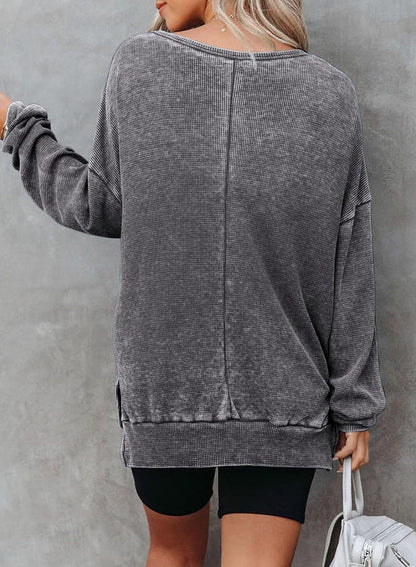 Waffle Split Hem Sweatshirt Women Casual Long Sleeve Top