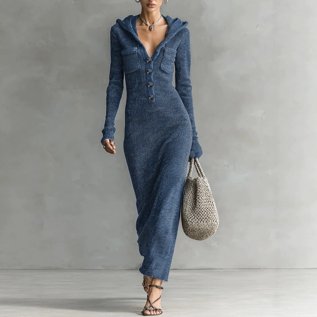 Hooded V Neck Button Front Ribbed Knit Maxi Dress