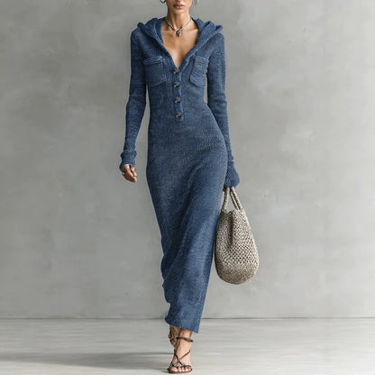 Hooded V Neck Button Front Ribbed Knit Maxi Dress