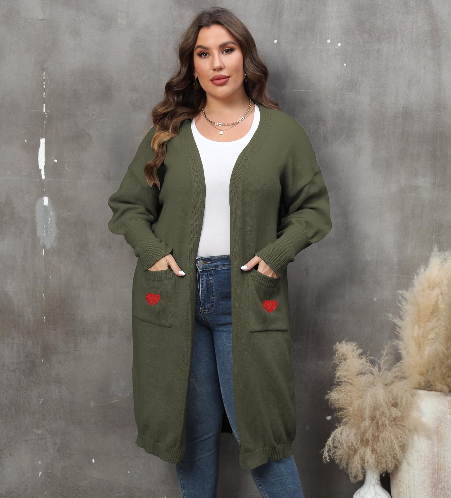 Women's Loose Medium and Long Double Pocket Lantern Sleeve Sweater Cardigan Jacket
