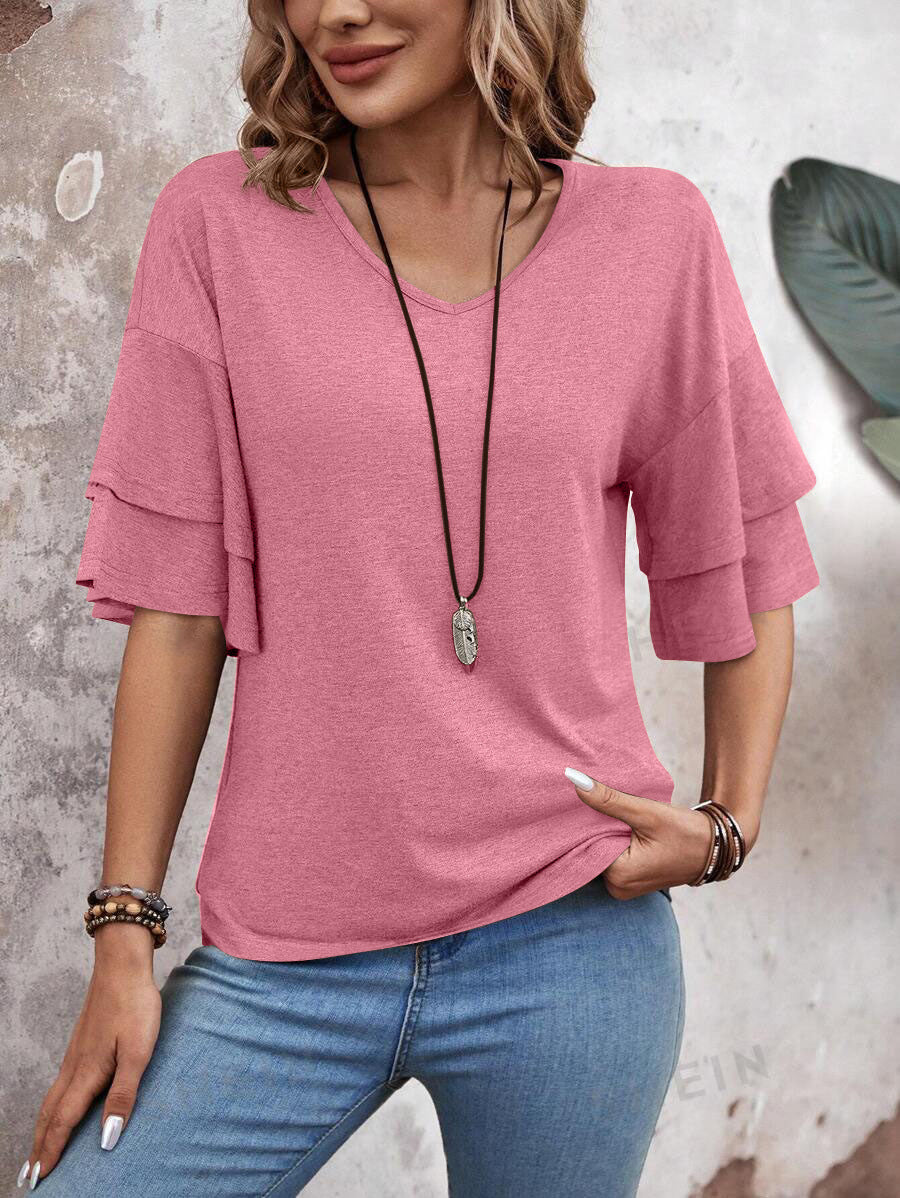 Customizable  Women's V-Neck Flutter Sleeve Top – Casual Summer T-Shirt