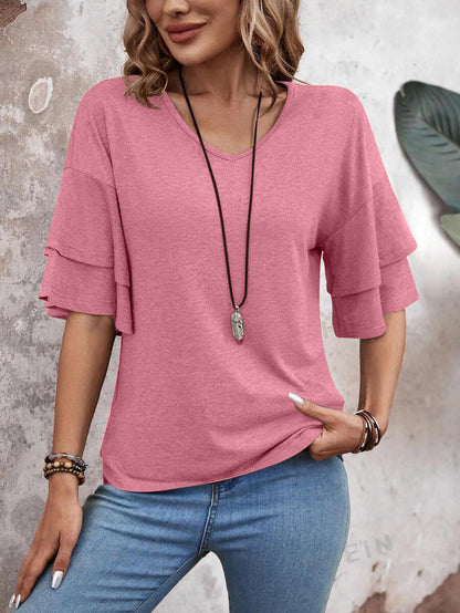 Customizable  Women's V-Neck Flutter Sleeve Top – Casual Summer T-Shirt
