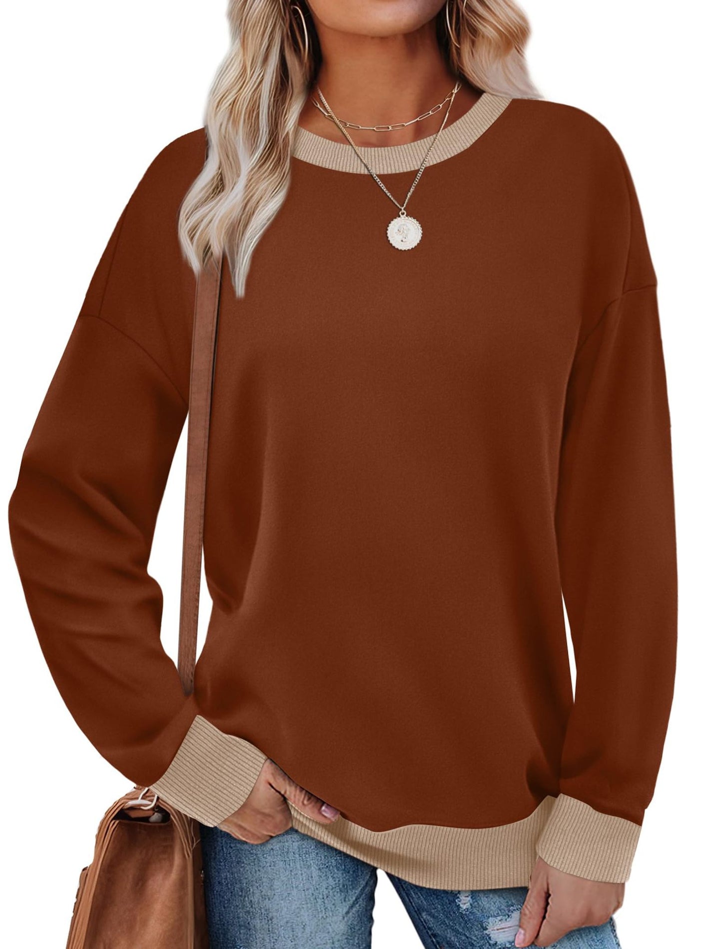 Colorblock Crewneck Pullover Sweatshirt for Women
