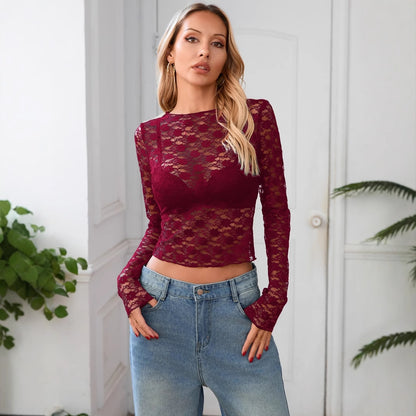Sexy Sheer Lace Long Sleeve Crop Top