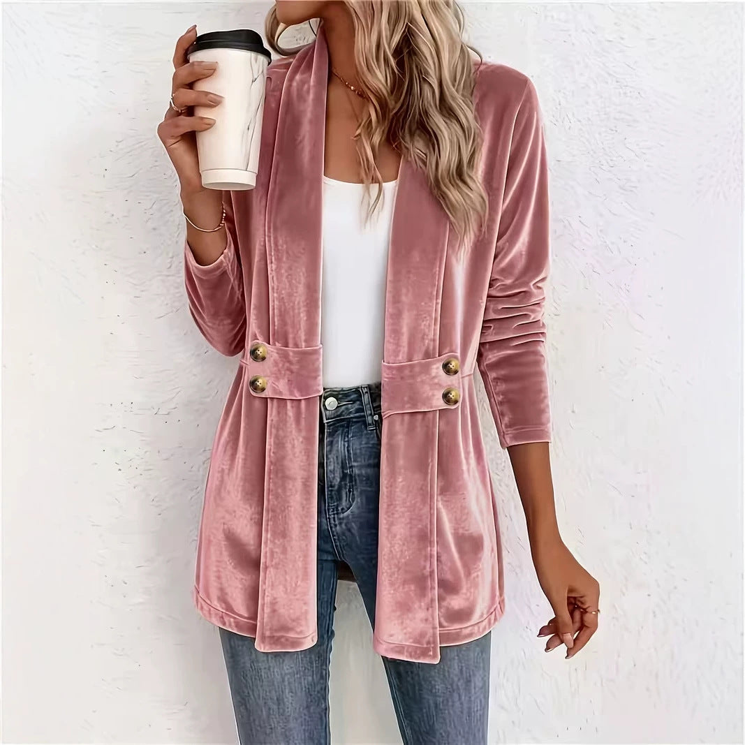 Velvet Shawl Collar Open Front Cardigan Long Sleeve