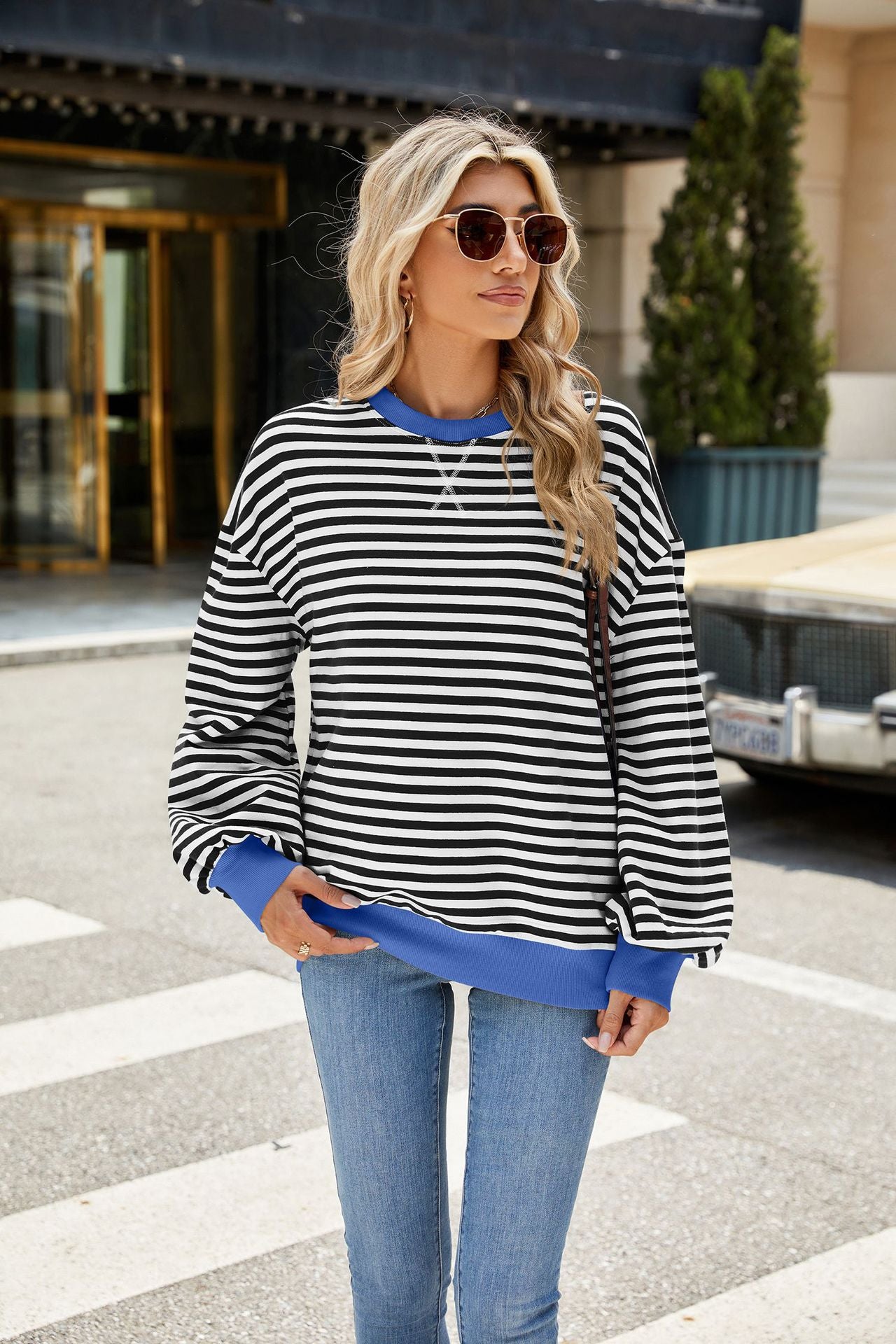 Striped Color Block Crew Neck Oversized Sweatshirt