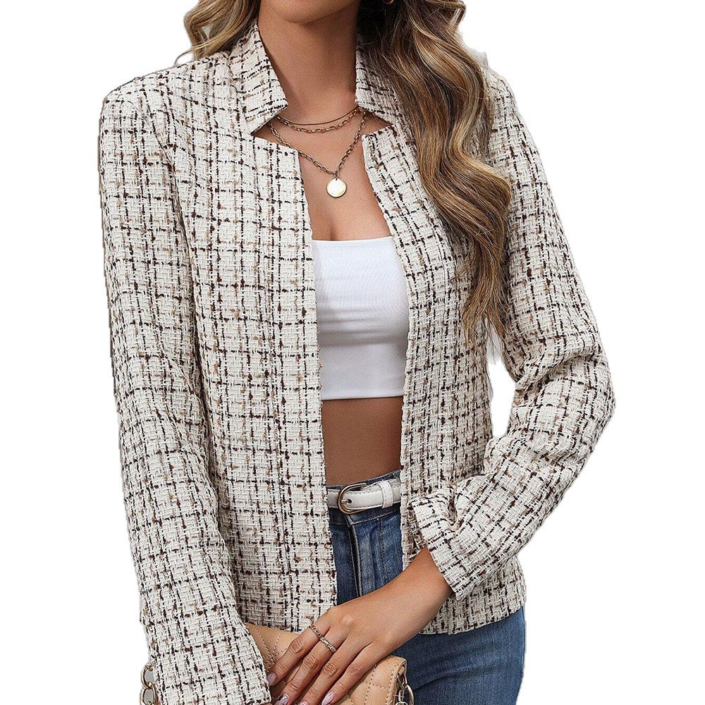 Women Tweed Plaid Open Front Blazer Jacket