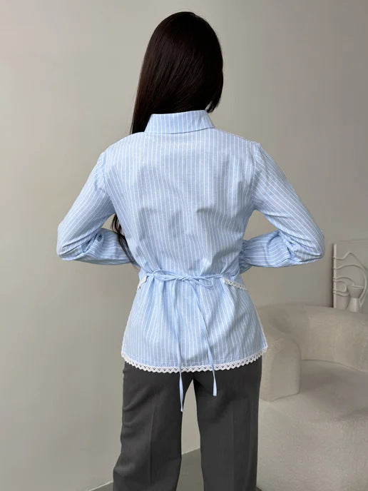 Striped Wrap Shirt with Lace Trim Long Sleeves