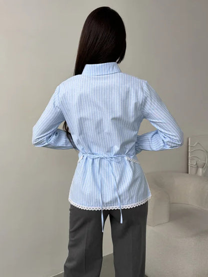 Striped Wrap Shirt with Lace Trim Long Sleeves