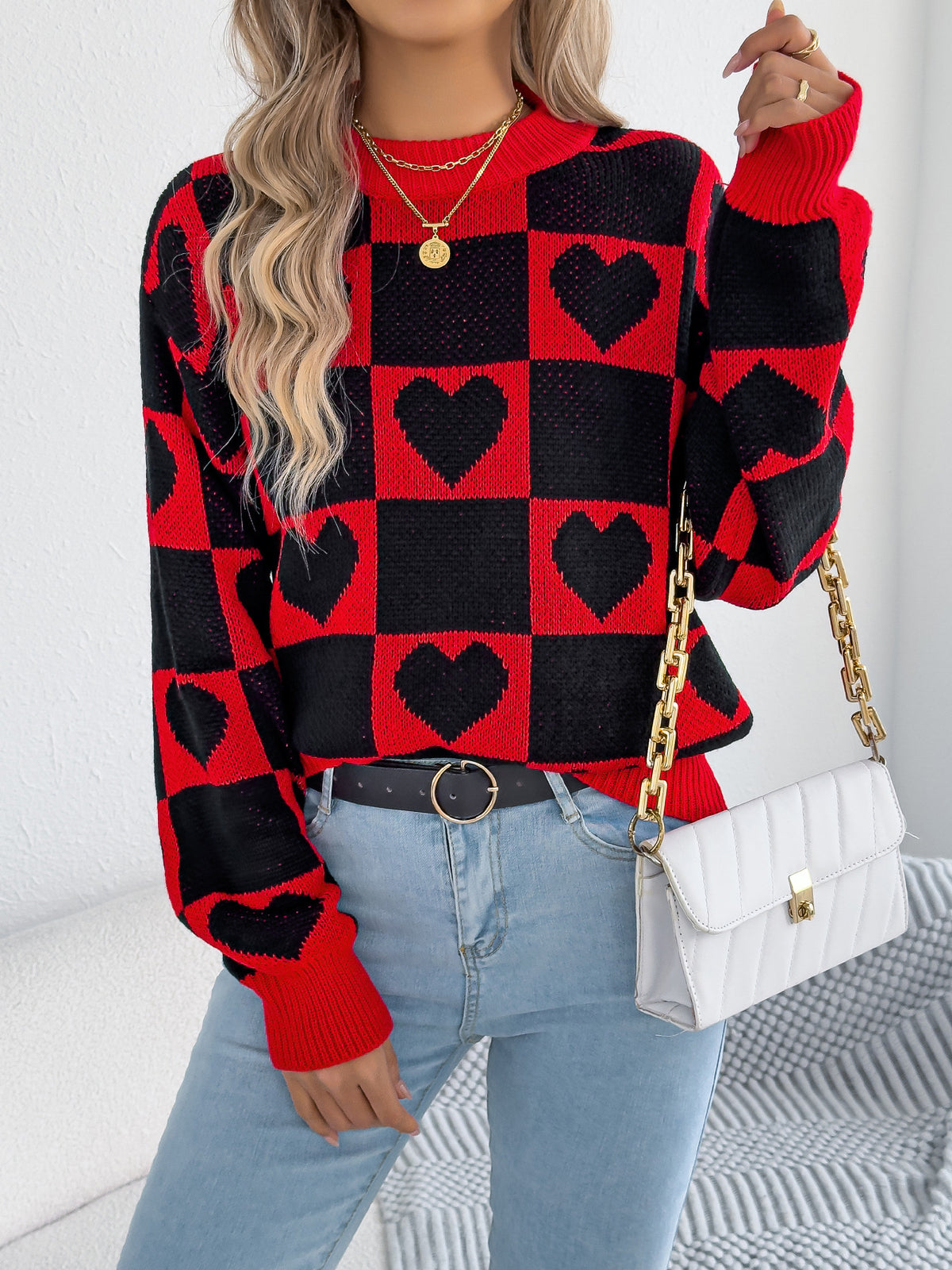 Women's Checkered Heart Balloon Sleeve Sweater