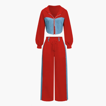 Women's 2 Piece Color Block Denim Hoodie Jogger Set