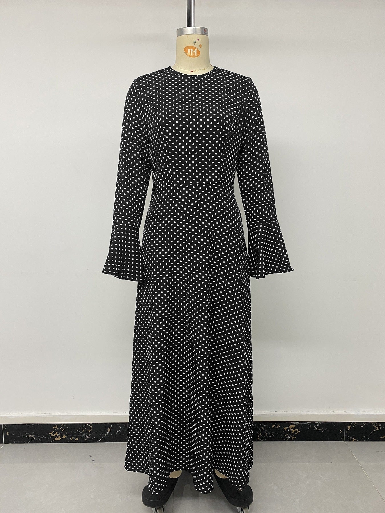 Black Polka Dot Maxi Dress Bell Sleeve Tie Back A-Line