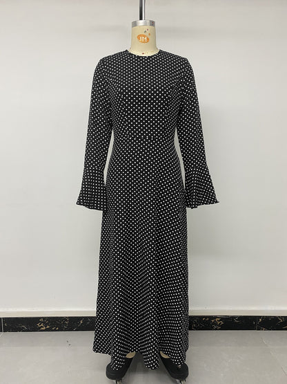 Black Polka Dot Maxi Dress Bell Sleeve Tie Back A-Line
