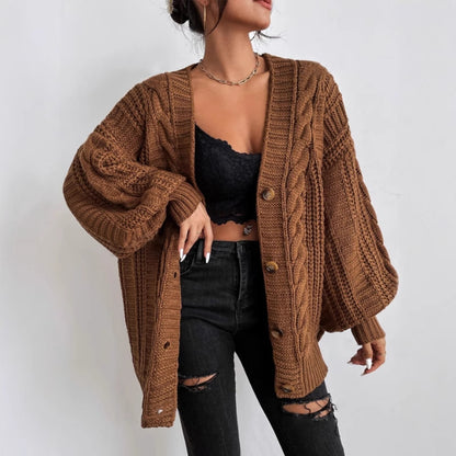Women's V Neck Cable Knit Lantern Sleeve Cardigan