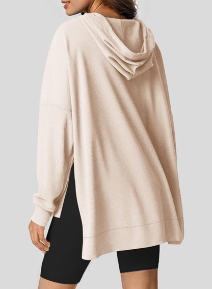 Women's Waffle Knit Hoodie Oversized Side Slit Pocket