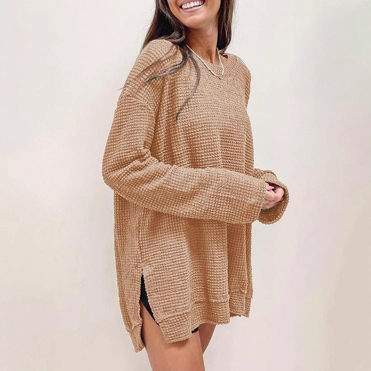 Oversized Waffle Knit Crew Neck Side Slit Long Sleeve Tunic