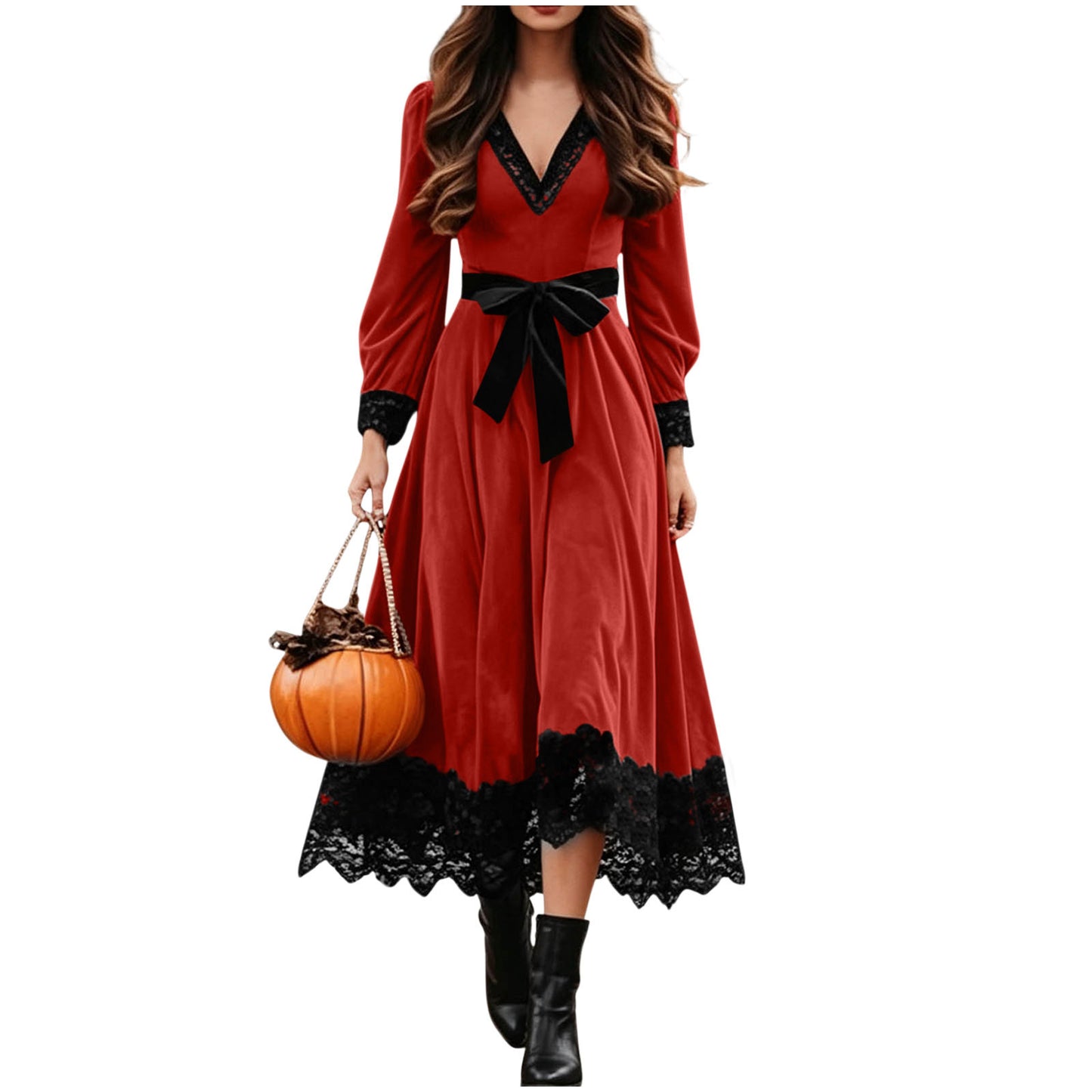 Velvet Maxi Dress V-Neck Lace Trim Puff Sleeve Flowy