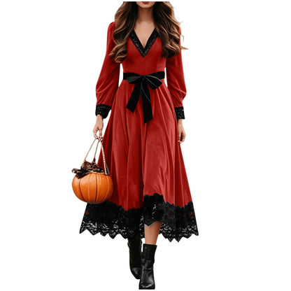Velvet Maxi Dress V-Neck Lace Trim Puff Sleeve Flowy