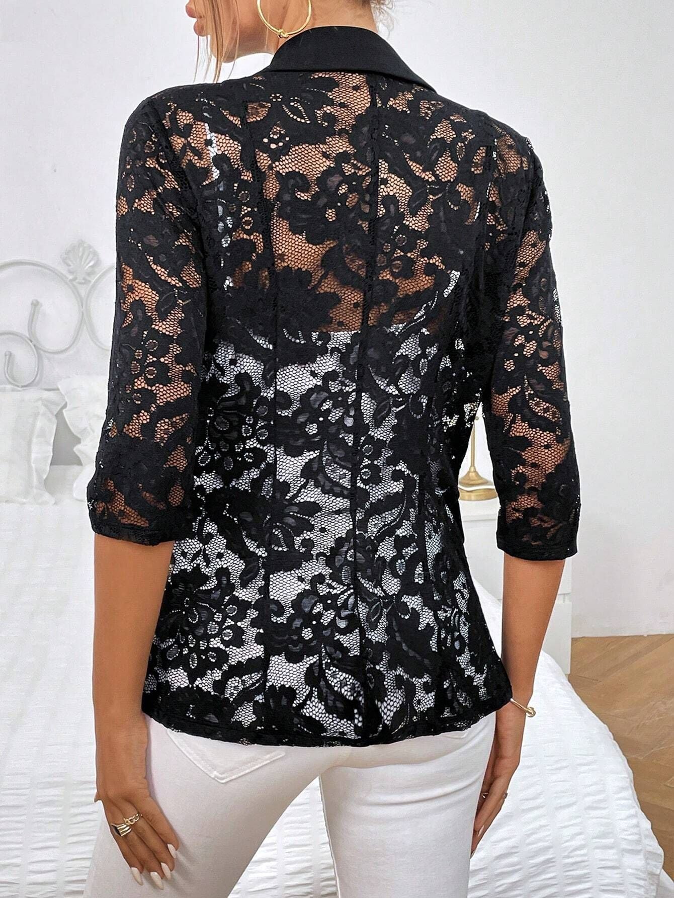 Stylish 3/4 Sleeve Blazer with Sheer Lace Detail