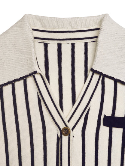 Striped Cropped Cardigan Button Knit V Neck Top