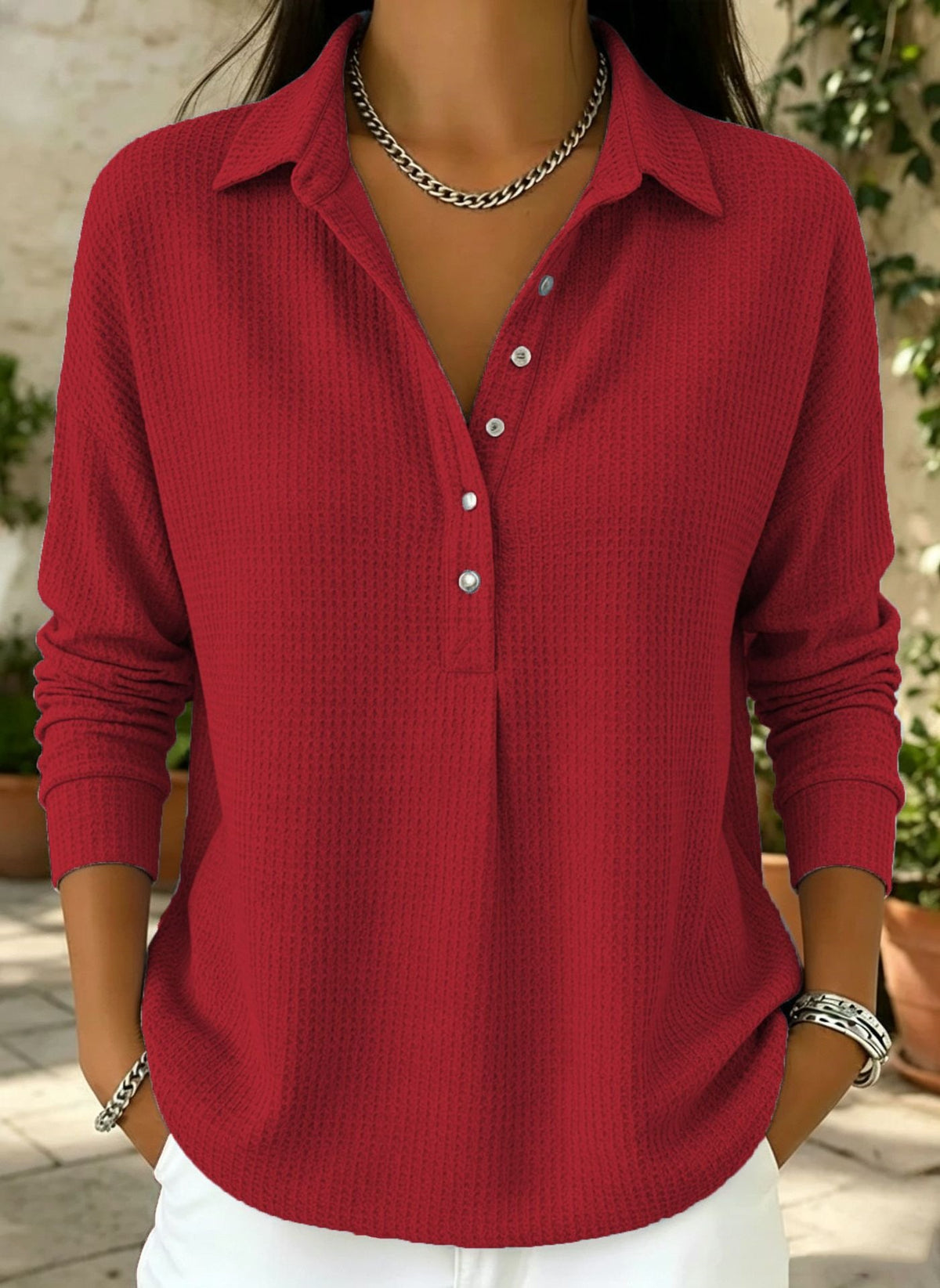 Women's Oversized Waffle Knit Collared Button Down Shirt