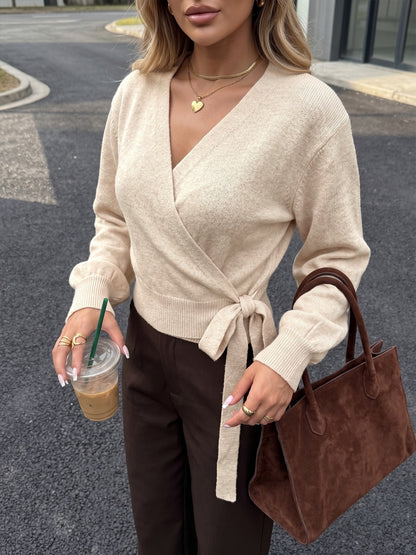 Women's V-Neck Wrap Tie Waist Cropped Sweater