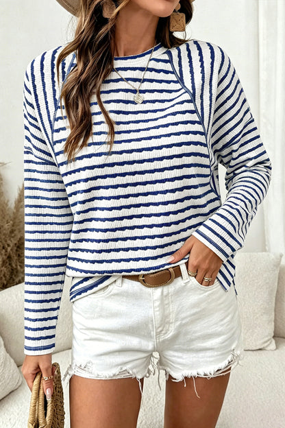 Textured Striped Long Sleeve Pullover Casual Knit Top