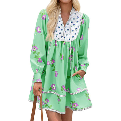 Boho Floral V-Neck Long Sleeve Flowy Mini Dress