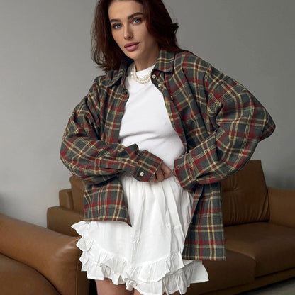 Women's Oversized Vintage Plaid Button Down Shirt