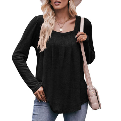 Square Neck Pleated Long Sleeve Top for Women