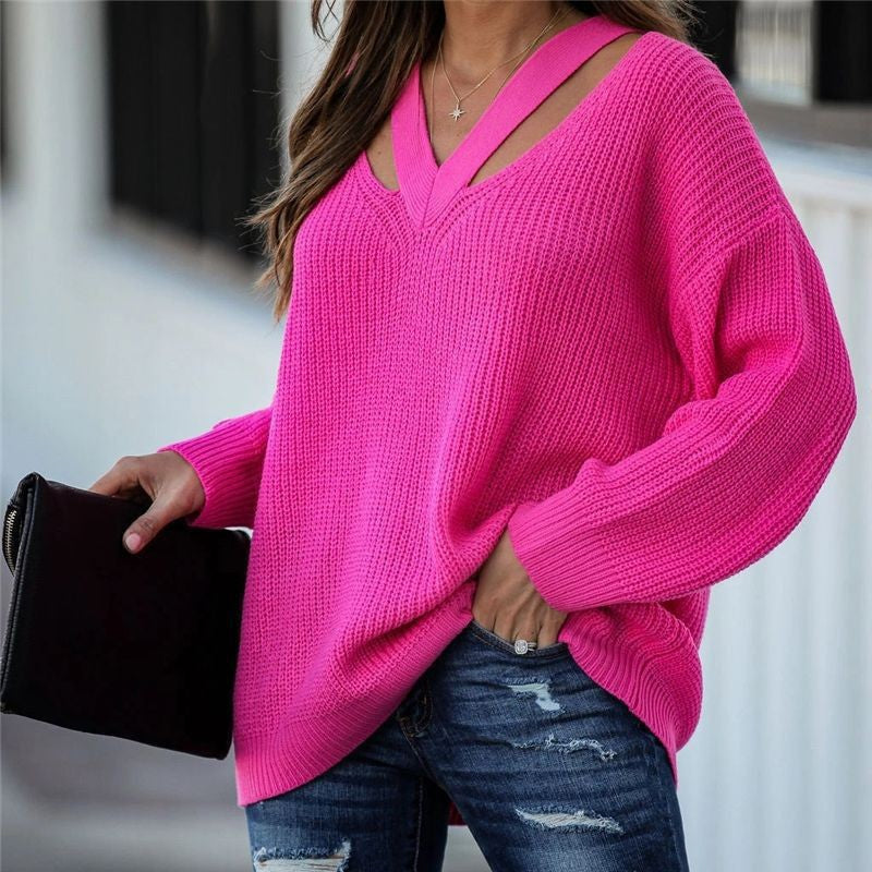 Women's Oversized V Neck Cut Out Knit Pullover Sweater