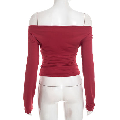Women's Off Shoulder Ruched Long Sleeve Fitted Crop Top