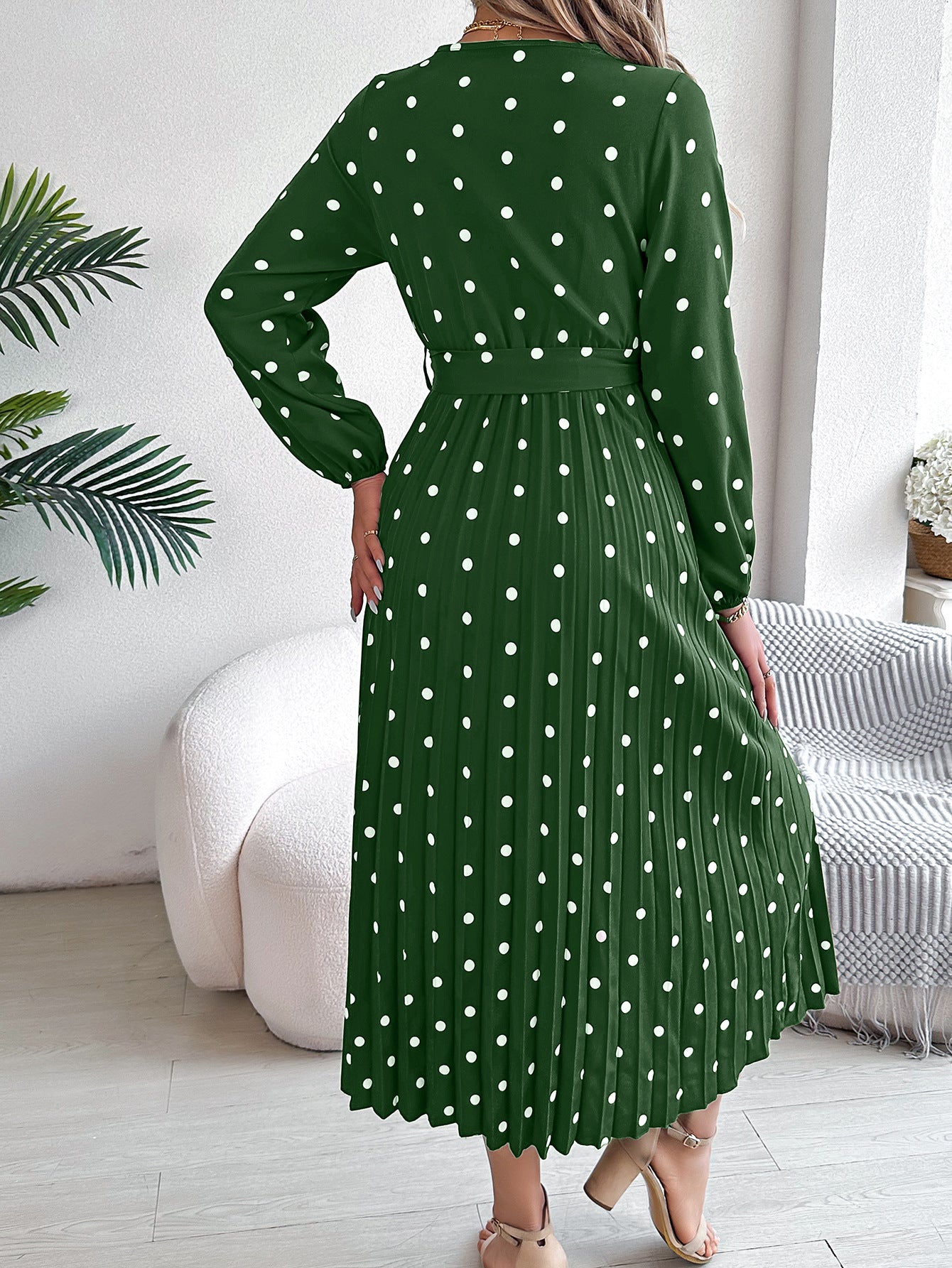 Elegant Polka Dot Cross-Over V-Neck Pleated Midi Dress