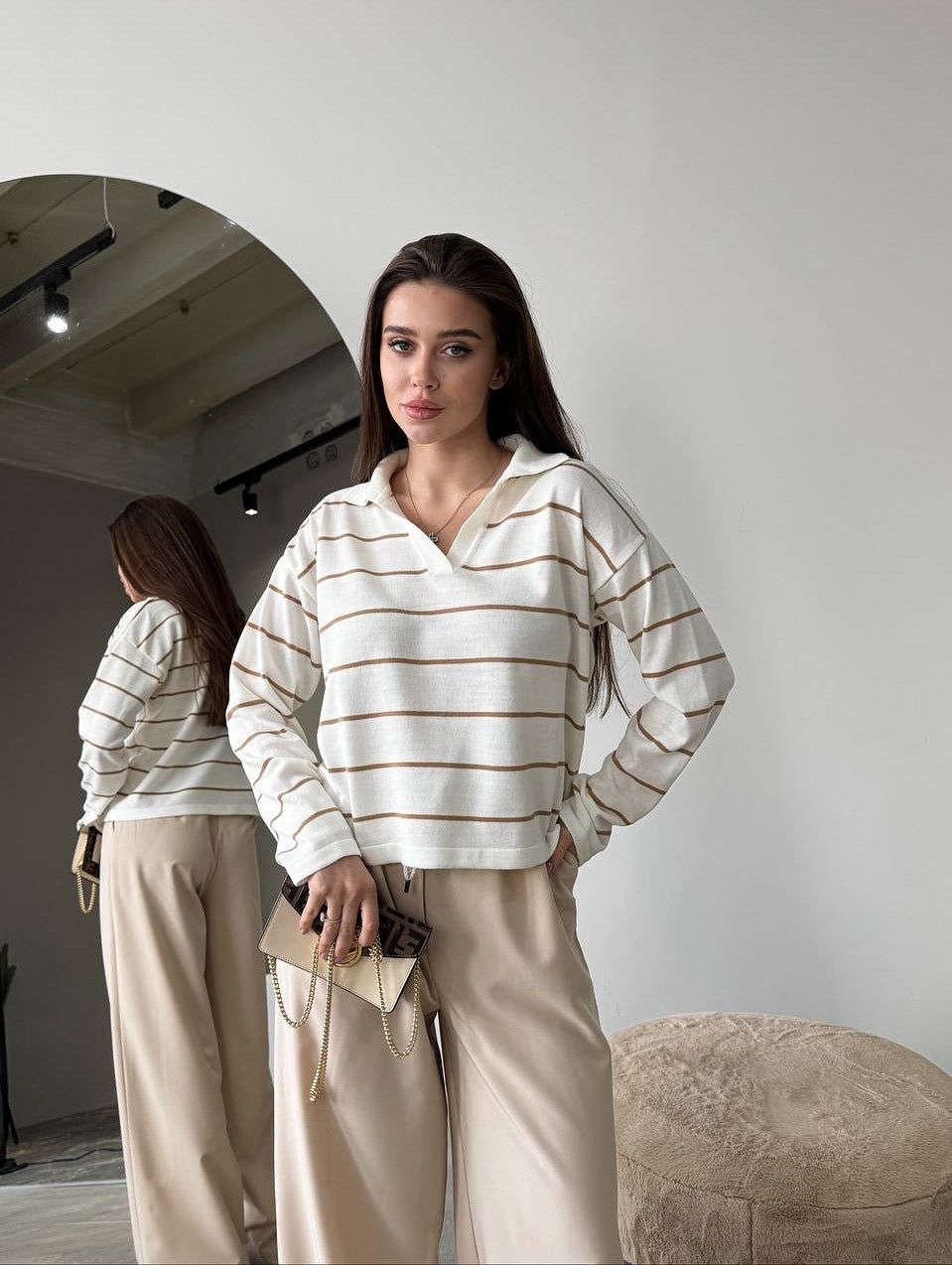 Women's Oversized Striped V-Neck Knit Sweater