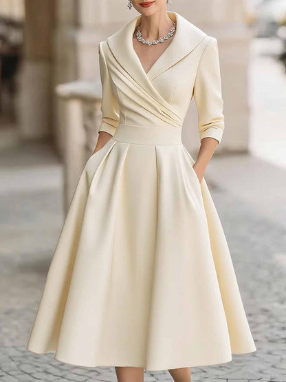 Elegant Satin Long Sleeve Belted A-Line Midi Dress Pockets