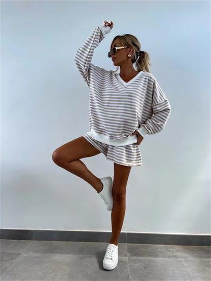 Striped V Neck Shorts Set Resort Lounge Two Piece