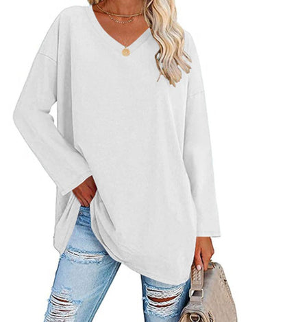Women's Oversized V-Neck Long Sleeve Loose Fit T-Shirt