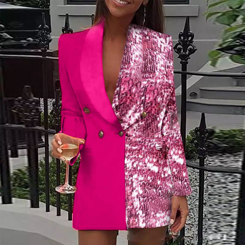 Color Block Sequin Blazer Dress Deep V Party Mini