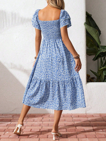 Floral Smocked Square Neck Midi Dress Ruffle Sleeve