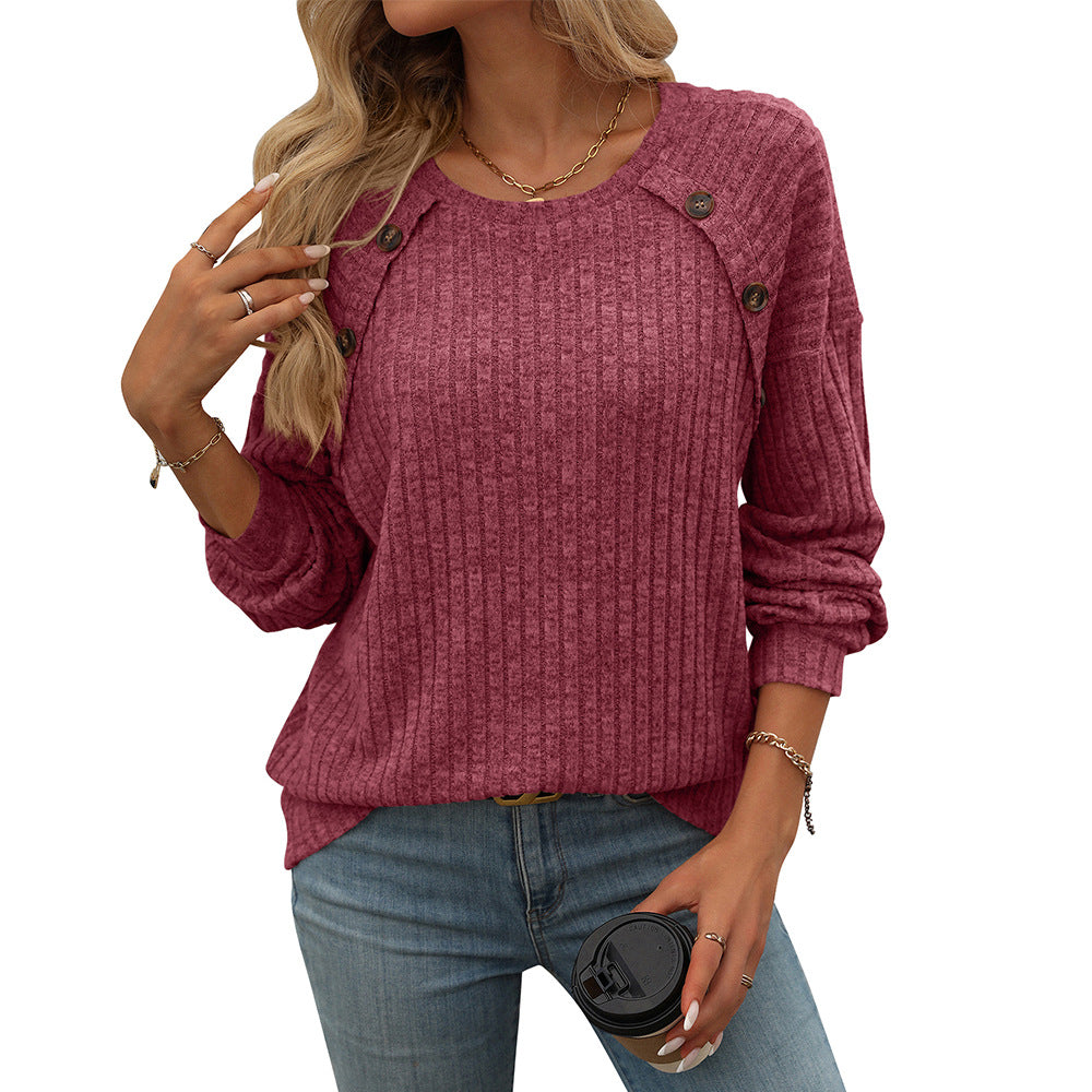 Casual Solid Color Ribbed Knit Button Detail Long Sleeve Top