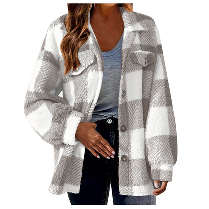 Women's Plaid Sherpa Shacket Button Down Fleece Jacket