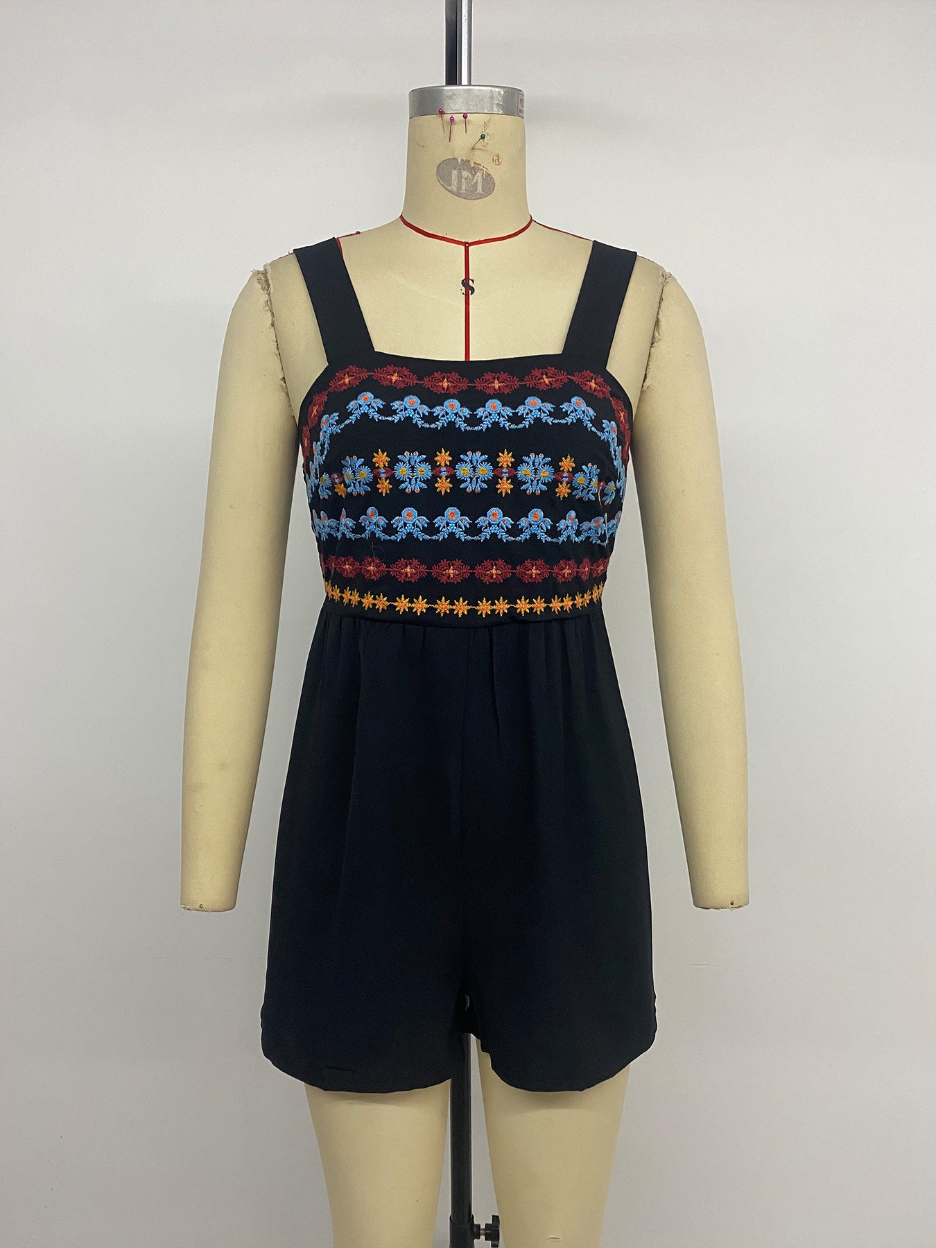 Boho Embroidered Square Neck Romper Sleeveless Jumpsuit