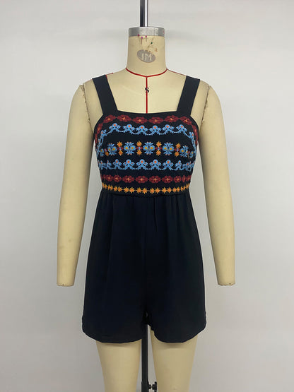 Boho Embroidered Square Neck Romper Sleeveless Jumpsuit