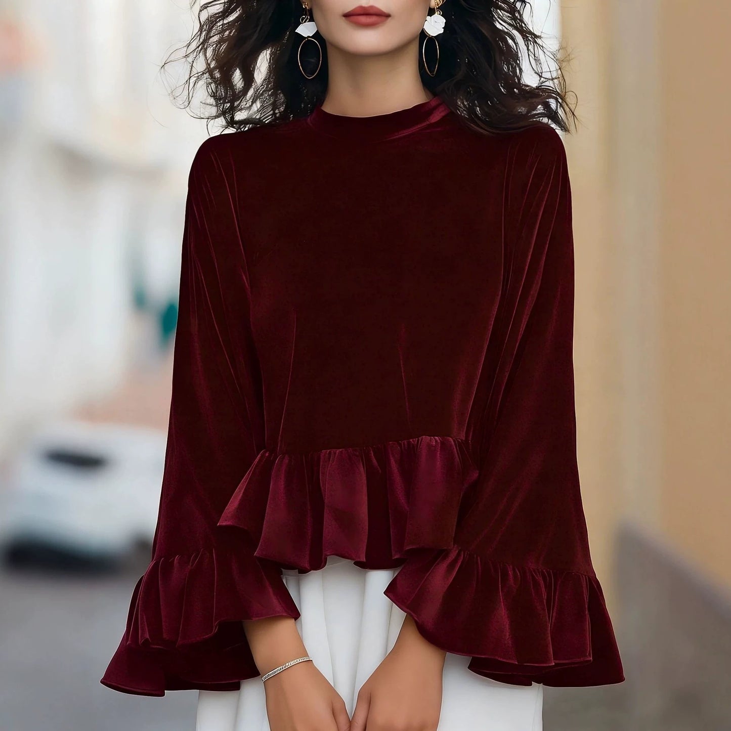 Women's Velvet Peplum Ruffle Long Sleeve Top