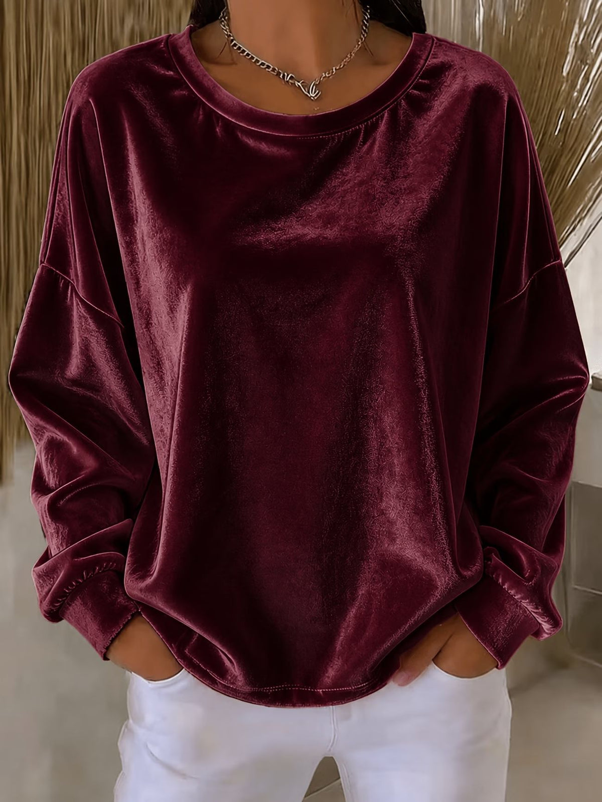 Women Velvet Long Sleeve Crew Neck Casual Tunic Top